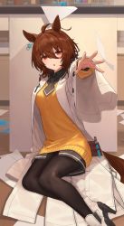 Rule 34 | 1girl, :o, ahoge, animal ears, black shirt, boots, brown hair, brown pantyhose, buttons, character request, chorefuji, collared shirt, commentary request, hair between eyes, high heel boots, high heels, indoors, lab coat, looking at viewer, medium hair, necktie, outstretched hand, pantyhose, paper, raised eyebrows, shirt, short necktie, sitting, solo, sweater, umamusume, vial, white footwear, yellow sweater