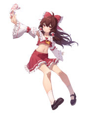 Rule 34 | 1girl, 22 (dbq), absurdres, adapted costume, ahoge, arm up, bare shoulders, between fingers, black footwear, blush, bow, breasts, brown hair, closed mouth, crop top, detached sleeves, floating, frilled bow, frilled hair tubes, frills, full body, hair between eyes, hair bow, hair tubes, hakurei reimu, highres, holding, long hair, long sleeves, looking at viewer, mary janes, midriff, navel, ofuda, ofuda between fingers, outstretched arm, petticoat, pink eyes, pleated skirt, red bow, red skirt, red vest, shoes, simple background, skirt, sleeves past wrists, small breasts, smile, socks, solo, touhou, underboob, vest, white background, white socks, wide sleeves
