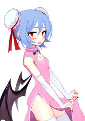 Rule 34 | 1girl, alternate costume, bat wings, blue hair, blush, breasts, bridal gauntlets, china dress, chinese clothes, cleavage, cleavage cutout, clothing cutout, dress, fangs, fkey, looking at viewer, open mouth, profile, red eyes, remilia scarlet, short hair, side slit, simple background, solo, standing, thighhighs, touhou, wings
