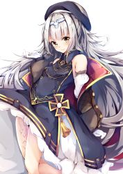 Rule 34 | 1girl, azur lane, bare shoulders, beret, cross, cucchiore, gloves, hair ornament, hat, highres, iron cross, long hair, looking at viewer, mole, mole under eye, silver hair, simple background, solo, very long hair, white background, white gloves, yellow eyes, z46 (azur lane)
