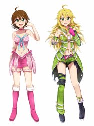 Rule 34 | 2girls, ahoge, ankle boots, asymmetrical legwear, awakened miki, bad id, bad pixiv id, black footwear, blonde hair, blush, boots, breasts, brown hair, choker, cleavage, collarbone, cross-laced footwear, dual persona, elbow gloves, fingerless gloves, full body, gloves, green eyes, heart, hiiringu, hoshii miki, idolmaster, idolmaster (classic), jacket, knee boots, lace-up boots, long hair, looking at viewer, midriff, miniskirt, multiple girls, navel, open mouth, pink footwear, short hair, shorts, simple background, skirt, smile, standing, stomach, strapless, thighhighs, tube top, uneven legwear, white background
