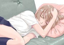 Rule 34 | 1girl, bad drawr id, bad id, bare arms, black skirt, brown hair, closed eyes, copyright request, couch, francine (daijaemon), hand on own head, indoors, light brown hair, lying, oekaki, on side, original, parted lips, pillow, pleated skirt, shirt, short hair, short sleeves, skirt, sleeping, solo, white shirt