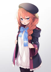Rule 34 | 1girl, :o, beret, black hair, black hat, black jacket, black pantyhose, blue bow, blush, bow, braid, breasts, brown hair, commentary request, frills, grey background, hair between eyes, hair ornament, hat, highres, hood, hood down, jacket, long braid, long hair, long sleeves, looking at viewer, medium breasts, mofu namako, open mouth, pantyhose, princess connect!, purple eyes, simple background, solo, white background, yuni (princess connect!)