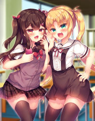 Rule 34 | 2girls, :d, black hair, black sailor collar, black skirt, blonde hair, blurry, blurry background, blush, bow, brown skirt, cardigan vest, cellphone, chair, commentary request, depth of field, desk, fang, green eyes, hair ribbon, hand on own hip, hand up, hands up, highres, holding, holding phone, indoors, multiple girls, neck ribbon, open mouth, original, parted bangs, phone, plaid, plaid skirt, red bow, red eyes, red ribbon, ribbon, sailor collar, school chair, school desk, school uniform, serafuku, shirt, short sleeves, skirt, smile, suspender skirt, suspenders, suzunone rena, thighhighs, twintails, white sailor collar, white shirt, window