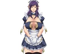 Rule 34 | 10s, 1girl, black thighhighs, blue eyes, breasts, cleavage, collarbone, covered erect nipples, female focus, game cg, gloves, large breasts, legs, long hair, looking at viewer, maid, maid headdress, mole, mole under mouth, nonohara mikako, purple hair, sei shoujo, smile, solo, standing, starless, thighhighs, thighs, transparent background, white background, will (company), zettai ryouiki