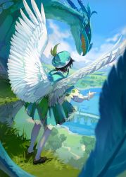 Rule 34 | 1boy, absurdres, angel wings, bishounen, black footwear, black hair, blue hair, blue sky, braid, cliff, commentary request, day, dragon, faceless, faceless male, fangs, frilled sleeves, frills, from behind, genshin impact, gradient hair, grass, highres, male focus, mizuku hei, multicolored hair, outdoors, outstretched arm, pointing, short hair with long locks, sky, solo, tree, twin braids, venti (genshin impact), wings