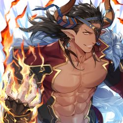 Rule 34 | 1boy, abs, animal ears, bandaged hand, bandages, bare pectorals, black hair, brown eyes, cow ears, draph, earrings, eyepatch, fire, granblue fantasy, highres, horns, jewelry, large pectorals, long hair, male focus, muscular, muscular male, navel, one eye covered, pectorals, pointy ears, reinhardtzar, short hair, smile, solo, teeth, upper body, user aytz4344, vambraces
