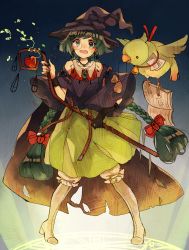 Rule 34 | 1girl, bad id, bad pixiv id, bird, blush, braid, earrings, green eyes, green hair, hat, highres, jewelry, lingmuzi, matching hair/eyes, original, parrot, pigeon-toed, solo, staff, twin braids, witch, witch hat