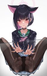 Rule 34 | 1girl, absurdres, against glass, animal ears, black choker, black hair, black jacket, blue archive, blush, brown pantyhose, choker, closed mouth, colored inner hair, extra ears, feet, from below, full body, glass, green sailor collar, halo, highres, hyouta (yoneya), jacket, kazusa (blue archive), legs, looking at viewer, multicolored hair, no shoes, panties, panties under pantyhose, pantyhose, pink hair, pink halo, pleated skirt, red eyes, sailor collar, school uniform, simple background, skirt, soles, solo, two-tone hair, underwear, white background, white skirt