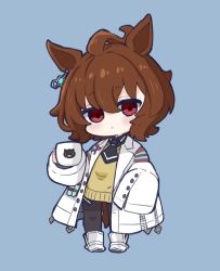 Rule 34 | 1girl, agnes tachyon (umamusume), ahoge, animal ears, black necktie, black pantyhose, black shirt, blue background, blush, boots, brown hair, chibi, closed mouth, collared shirt, commentary request, cup, full body, hair between eyes, head tilt, highres, holding, holding cup, horse ears, horse girl, horse tail, lab coat, long sleeves, looking at viewer, mug, necktie, nozo (hitomiz), open clothes, pantyhose, red eyes, shirt, short necktie, simple background, sleeves past fingers, sleeves past wrists, solo, standing, sweater vest, tail, umamusume, white footwear