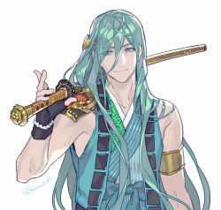 Rule 34 | 10s, 1boy, aqua eyes, aqua hair, armlet, black gloves, chiyoganemaru, closed mouth, fingerless gloves, gloves, hair ornament, holding, holding sword, holding weapon, japanese clothes, long hair, looking at viewer, male focus, over shoulder, pota (bluegutty), sheath, sheathed, smile, solo, sword, touken ranbu, twitter username, upper body, very long hair, weapon, white background