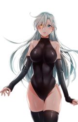 Rule 34 | 10s, 1girl, backlighting, bare shoulders, black thighhighs, blue eyes, breasts, covered navel, detached sleeves, earrings, elizabeth liones, glint, hair over one eye, heterochromia, jewelry, large breasts, leotard, long sleeves, nanatsu no taizai, parted bangs, parted lips, silver hair, simple background, single earring, sleeves past wrists, solo, thighhighs, tight (ohmygod), turtleneck, white background, yellow eyes