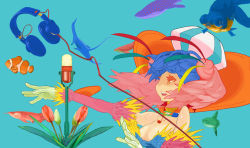 Rule 34 | 1girl, blue hair, choker, detached sleeves, elbow gloves, fish, flower, gloves, hair ornament, hat, headphones, heart, microphone, microphone stand, multicolored hair, music, musical note, open mouth, original, outstretched arm, pink hair, short hair, singing, solo, tulip, underwater, yuuki (irodo rhythm)