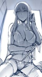Rule 34 | 1girl, absurdres, babydoll, blush, breasts, cleavage, closed mouth, commentary, dagger, feet out of frame, garter straps, glint, greyscale, hair between eyes, hand in own hair, hews, highres, holding, holding weapon, knife, large breasts, lingerie, looking at viewer, monochrome, navel, panties, pov, short hair with long locks, sidelocks, sketch, solo focus, spy x family, stomach, straddling, thighhighs, underwear, weapon, yor briar