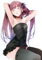 Rule 34 | 1girl, absurdres, armpits, arms up, black dress, black thighhighs, blunt bangs, choker, dress, fangs, flat chest, highres, jewelry, long hair, looking at viewer, necklace, open mouth, original, pendant, pink eyes, pink hair, scan, short dress, shunsei (muratou), sitting, solo, strapless, strapless dress, thighhighs, tsurime