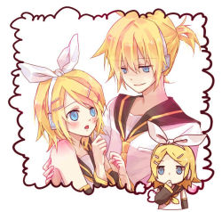 Rule 34 | 1boy, 1girl, bare shoulders, black sailor collar, black sleeves, blonde hair, blue eyes, bow, carrying, commentary, detached sleeves, expectations/reality, fumiharu, hair bow, hair ornament, hairclip, hand to own mouth, headphones, imagining, kagamine len, kagamine rin, neckerchief, necktie, open mouth, princess carry, sailor collar, school uniform, shirt, short hair, short ponytail, sleeveless, sleeveless shirt, smile, swept bangs, thought bubble, vocaloid, white bow, white shirt, yellow neckerchief, yellow necktie