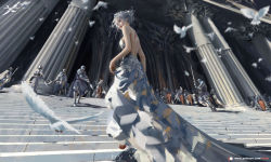 Rule 34 | 1girl, 6+boys, armor, back, backless dress, backless outfit, bare arms, bare shoulders, bird, blood, column, crown, dress, full armor, ghostblade, grey dress, helmet, highres, holding, holding sword, holding weapon, long sword, looking at viewer, looking back, multiple boys, patreon username, pillar, plate armor, silver hair, skirt hold, soldier, solo focus, stairs, standing, sword, walking, watermark, weapon, web address, wlop