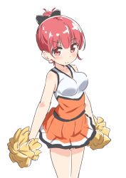 Rule 34 | 1girl, absurdres, anima yell!, bare shoulders, blush, breasts, cheerleader, closed mouth, collarbone, dot nose, female focus, hair bun, highres, holding, holding pom poms, legs, looking at viewer, medium breasts, pom pom (cheerleading), pom poms, red eyes, red hair, simple background, smile, solo, standing, ushiku kana, warukusu, white background