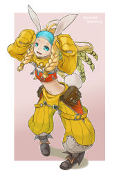 Rule 34 | 1girl, animal ears, ankle boots, antenna hair, baggy pants, belt pouch, blonde hair, blue eyes, boots, braid, rabbit ears, rabbit tail, capcom, crafting shop daughter (monster hunter), detached sleeves, flat chest, headband, long hair, midriff, monster hunter (series), monster hunter 4, navel, nokuran, pants, pigeon-toed, smile, solo, strapless, suspenders, tail, tube top, twin braids