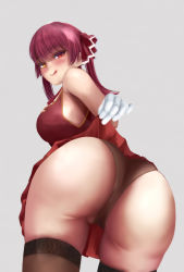 Rule 34 | 1girl, artist request, ass, bare shoulders, blush, breasts, clothes lift, come hither, from behind, from below, gloves, hair ribbon, heterochromia, highres, hololive, houshou marine, huge ass, large breasts, leotard, long hair, looking at viewer, looking back, looking down, naughty face, red eyes, red hair, ribbon, shiny clothes, shiny skin, sideboob, skirt, skirt lift, smile, solo, thick thighs, thighhighs, thighs, twintails, virtual youtuber, yellow eyes