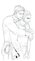 Rule 34 | 2boys, bara, beard stubble, couple, cowboy shot, facial hair, from side, greyscale, highres, hug, hug from behind, large pectorals, male focus, mature male, monochrome, multiple boys, muscular, muscular male, mustache stubble, n01r31, original, pants, pectorals, profile, seductive smile, sketch, smile, sparse chest hair, standing, stubble, thick eyebrows, undercut, yaoi