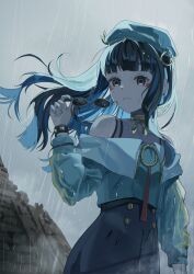 Rule 34 | 1girl, absurdres, bare shoulders, beret, black hair, black shorts, blue hair, bracelet, breasts, buttons, colored inner hair, double-breasted, fate/grand order, fate (series), green hat, green jacket, grey eyes, grey sky, hat, highres, jacket, jewelry, long hair, looking at viewer, multicolored hair, neck ring, noneko127, o-ring, off shoulder, rain, round eyewear, shorts, sidelocks, sky, small breasts, solo, sunglasses, tenochtitlan (fate), tenochtitlan (second ascension) (fate), unworn eyewear, wavy hair, wet, zipper