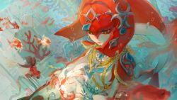 Rule 34 | 1girl, air bubble, armor, brown eyes, bubble, claws, colored skin, coral, fins, fish, fish girl, head fins, highres, looking down, mipha, monster girl, multicolored skin, nintendo, octahooves, red skin, rope, shoulder armor, solo, the legend of zelda, the legend of zelda: breath of the wild, two-tone skin, underwater, upper body, white skin, zora