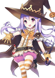 Rule 34 | 1girl, :d, detached sleeves, gloves, halloween, hat, holding, long hair, looking at viewer, mauve, open mouth, original, pio (potion maker), pointy ears, potion maker, pumpkin pants, purple eyes, purple hair, reaching, shoes, simple background, smile, solo, standing, standing on one leg, striped clothes, striped thighhighs, thighhighs, wand, white background, witch hat, yellow gloves, zettai ryouiki