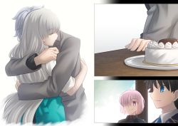 Rule 34 | 2boys, 2girls, ahnenerbe, anastasia (fate), apron, black capelet, black hair, blue apron, blue jacket, cake, capelet, closed eyes, collared shirt, commentary request, fate/grand order, fate (series), food, fujimaru ritsuka (male), grey hair, grey jacket, hair over one eye, hug, jacket, kadoc zemlupus, long hair, long sleeves, mash kyrielight, mash kyrielight (traveling outfit), multiple boys, multiple girls, one eye covered, open clothes, open jacket, pink hair, purple eyes, shirt, shoori (migiha), short hair, short sleeves, table, waist apron, white hair, white shirt