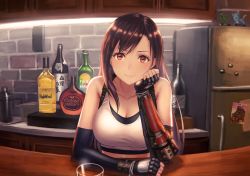 Rule 34 | 1girl, alcohol, anbe yoshirou, bar (place), bare shoulders, black gloves, bottle, breasts, brick wall, brown eyes, brown hair, cleavage, closed mouth, commentary request, counter, crop top, cup, drinking glass, earrings, elbow gloves, elbow pads, final fantasy, final fantasy vii, final fantasy vii remake, fingerless gloves, gloves, hand on own cheek, hand on own face, head rest, highres, indoors, jewelry, large breasts, long hair, looking at viewer, pov, refrigerator, seventh heaven, shirt, skirt, smile, solo, suspender skirt, suspenders, tank top, taut clothes, taut shirt, tifa lockhart, undershirt, white tank top