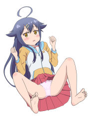 Rule 34 | 10s, 1girl, ahoge, barefoot, blue hair, blush, breasts, feet, hinako note, looking at viewer, lying, natsukawa kuina, open mouth, panties, pink panties, simple background, skirt, small breasts, soles, solo, spread legs, toes, underwear, upskirt, white background, yellow eyes