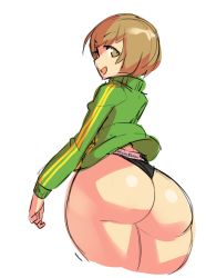 Rule 34 | 1girl, ass, black panties, borvar, brown eyes, brown hair, calvin klein, green jacket, highres, huge ass, jacket, no pants, panties, persona, persona 4, satonaka chie, short hair, smile, solo, thick thighs, thighs, underwear, white background