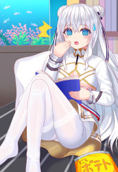 Rule 34 | + +, 1girl, @ @, ^^^, air bubble, ass, azur lane, bed, blue eyes, blush, book, breasts, bubble, chips (food), clothing cutout, crossed legs, double bun, dress, fish, fish tank, food, glass, hair between eyes, hair bun, hair ribbon, hand to own mouth, hand up, holding, holding book, knees up, le malin (azur lane), long hair, long sleeves, looking at viewer, no shoes, on bed, open mouth, pantyhose, plant, potato chips, revision, ribbon, sidelocks, silver hair, sitting, small breasts, solo, sweatdrop, symbol-shaped pupils, thighband pantyhose, tukino neru, underboob, underboob cutout, very long hair, water, white dress, white pantyhose