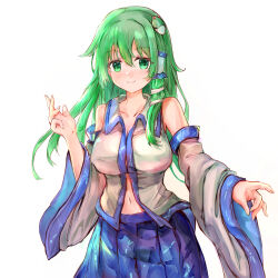 Rule 34 | 1girl, bare shoulders, blue skirt, blush, breasts, cleavage, closed mouth, collarbone, detached sleeves, fingernails, frog hair ornament, green eyes, green hair, hair between eyes, hair ornament, hair tubes, highres, ikazuchi akira, japanese clothes, kochiya sanae, large breasts, long hair, navel, nontraditional miko, simple background, skirt, smile, snake hair ornament, solo, touhou, white background, white sleeves, wide sleeves