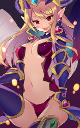 Rule 34 | 1girl, blonde hair, breasts, earrings, fang, headdress, heart, heart earrings, horns, jewelry, kaki s, lilith (p&amp;d), long hair, navel, open mouth, pointy ears, puzzle &amp; dragons, red eyes, thighhighs, wings