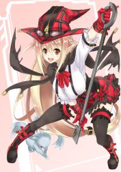 Rule 34 | 1girl, asahi, blonde hair, blush, breasts, creature, female focus, hat, large breasts, long hair, looking at viewer, magical girl, magical girl lilith, pointy ears, smile, solo, taimanin (series), taimanin asagi kessen arena, witch hat, yellow eyes