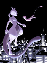 Rule 34 | city, creatures (company), engawa1001, eye contact, face-to-face, floating, flying, full body, game freak, gen 1 pokemon, highres, horns, legendary pokemon, looking at another, mew (pokemon), mewtwo, mythical pokemon, neon lights, night, night sky, nintendo, pokemon, pokemon (creature), purple eyes, sky, tail