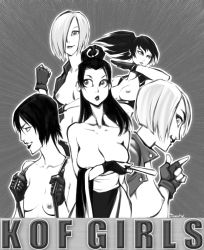 Rule 34 | 5girls, angel (kof), blue mary, breast hold, breasts, elbowing, fingerless gloves, gloves, greyscale, grin, gsears, hair over one eye, hand fan, japanese clothes, kimono, large breasts, leona heidern, lips, lipstick, long hair, makeup, monochrome, multiple girls, naked suspenders, nipples, ponytail, shiranui mai, short hair, smile, snk, suspenders, the king of fighters, topless, vanessa (kof), vest