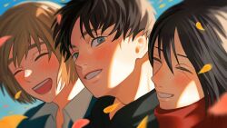 Rule 34 | 1girl, 2boys, armin arlert, black hair, blonde hair, blush, brown hair, child, eren yeager, friends, happy, highres, llq9ull, long sleeves, looking at another, looking to the side, mikasa ackerman, multiple boys, open mouth, petals, red scarf, scarf, shingeki no kyojin, short hair, smile, upper body, wind