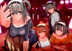 Rule 34 | 4girls, ahoge, akizuki (kancolle), all fours, bare shoulders, black hair, blouse, blue eyes, blue jacket, blush, braid, breasts, brown hair, brown skirt, casual, cleavage, clothes writing, hachimaki, hair between eyes, hair flaps, hair ornament, hairband, hatsuzuki (kancolle), headband, indoors, jacket, jacket on shoulders, kantai collection, licking lips, long hair, looking at viewer, medium breasts, multiple girls, off-shoulder blouse, okayu (papiko1111), one side up, orange shirt, ponytail, propeller hair ornament, purple shirt, reaching, reaching towards viewer, shirt, short hair, siblings, silver hair, sisters, skirt, smile, suzutsuki (kancolle), teruzuki (kancolle), tongue, tongue out, twin braids, white jacket, white shirt, yellow eyes