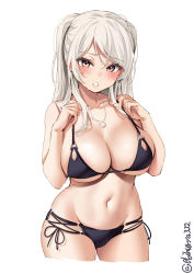 Rule 34 | 1girl, bikini, black bikini, breasts, brown eyes, cleavage, conte di cavour (kancolle), cowboy shot, cropped legs, ebifurya, grey hair, hair between eyes, highres, jewelry, kantai collection, large breasts, long hair, multi-strapped bikini, necklace, o-ring, o-ring bikini, ring, simple background, solo, swimsuit, twitter username, two side up, white background