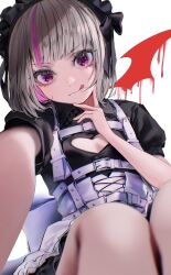 Rule 34 | 1girl, :q, absurdres, apron, black dress, breasts, cleavage cutout, clothing cutout, dress, grey hair, harness, heart cutout, highres, looking at viewer, maid, maid headdress, makaino ririmu, multicolored hair, mv pxn, nijisanji, pink eyes, pink hair, selfie, short sleeves, small breasts, solo, streaked hair, tongue, tongue out, two-tone hair, v, virtual youtuber, white background