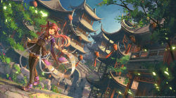 Rule 34 | 1girl, architecture, bespin, bow, building, city, dutch angle, east asian architecture, lantern, open mouth, original, paper lantern, pleated skirt, red eyes, red hair, road, skirt, smile, solo, thighhighs, tree, walking, watermark