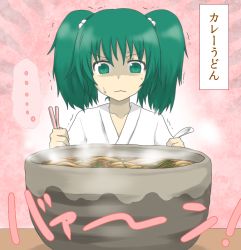 Rule 34 | 1girl, bowl, chopsticks, female focus, food, green eyes, green hair, hair bobbles, hair ornament, kisume, matching hair/eyes, nobamo pieruda, noodles, oversized object, ramen, short twintails, solo, spoon, steam, text focus, touhou, translated, trembling, twintails, two side up