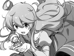 Rule 34 | 1girl, :d, ahoge, asada hachi, commentary request, dress, fairy (jintai), floating hair, grey background, greyscale, hair between eyes, hat, in palm, jinrui wa suitai shimashita, juliet sleeves, long hair, long sleeves, looking at viewer, monochrome, open mouth, pointy ears, puffy sleeves, sailor collar, shirt, size difference, smile, solid circle eyes, twitter username, watashi (jintai), watermark