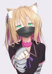 Rule 34 | 1girl, animal ear fluff, animal ears, black shirt, blonde hair, cat ears, cat girl, choker, colored inner hair, covered mouth, frilled choker, frills, furry, furry female, green eyes, grey background, hair between eyes, hair ornament, hair scrunchie, highres, jirai kei, layered sleeves, long sleeves, looking at viewer, mask, mouth mask, multicolored hair, one side up, original, paw pose, pink choker, purple hair, scrunchie, shirt, short over long sleeves, short sleeves, simple background, sleeves past wrists, slit pupils, solo, striped sleeves, two-tone hair, upper body, yongen yu