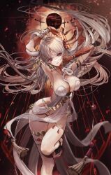 Rule 34 | 1girl, armlet, arms up, bare shoulders, belly chain, body markings, bracelet, breasts, chiachun0621, cleavage, collarbone, colored skin, dress, durga (fate), earrings, facial mark, fate/grand order, fate (series), forehead mark, gradient skin, grey hair, hair ribbon, highres, jewelry, large breasts, long hair, looking at viewer, parted lips, pelvic curtain, red eyes, red skin, revealing clothes, ribbon, sash, snake, solo, thighlet, thighs, very long hair, white dress