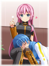 Rule 34 | 1boy, 1girl, armband, bad id, bad pixiv id, black skirt, blue eyes, blue hair, blue scarf, blush, boots, breasts, couch, couple, cross-laced footwear, detached sleeves, closed eyes, heart, hetero, highres, holding, indoors, jacket, kaito (vocaloid), knees together feet apart, lap pillow, large breasts, long hair, long skirt, looking at another, looking down, lying, md5 mismatch, megurine luka, mimikaki, on stomach, pink hair, scarf, short hair, sitting, skirt, sleeping, smile, thighhighs, turtleneck, vocaloid, yakitori (oni), yellow footwear