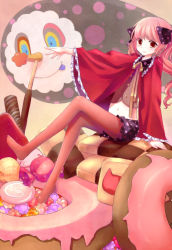 Rule 34 | 10s, 1girl, :&lt;, candy, cape, charlotte (madoka magica), checkerboard cookie, chocolate, cookie, crossed legs, doughnut, food, fruit, hair ribbon, konpeitou, long hair, mahou shoujo madoka magica, mahou shoujo madoka magica (anime), outstretched arm, outstretched hand, pantyhose, personification, pink hair, pocky, puffy sleeves, red eyes, red pantyhose, ribbon, sitting, skirt, solo, strawberry, sweets, tsukimiya kamiko, twintails