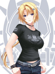 Rule 34 | 1girl, belt, blonde hair, bracelet, choker, denim, ellen aice, english text, fashion, hair ornament, hairclip, insignia, jeans, jewelry, looking at viewer, military, miyata sou, muv-luv, muv-luv alternative, necklace, pants, parted lips, purple eyes, shirt, short hair, taut clothes, taut shirt